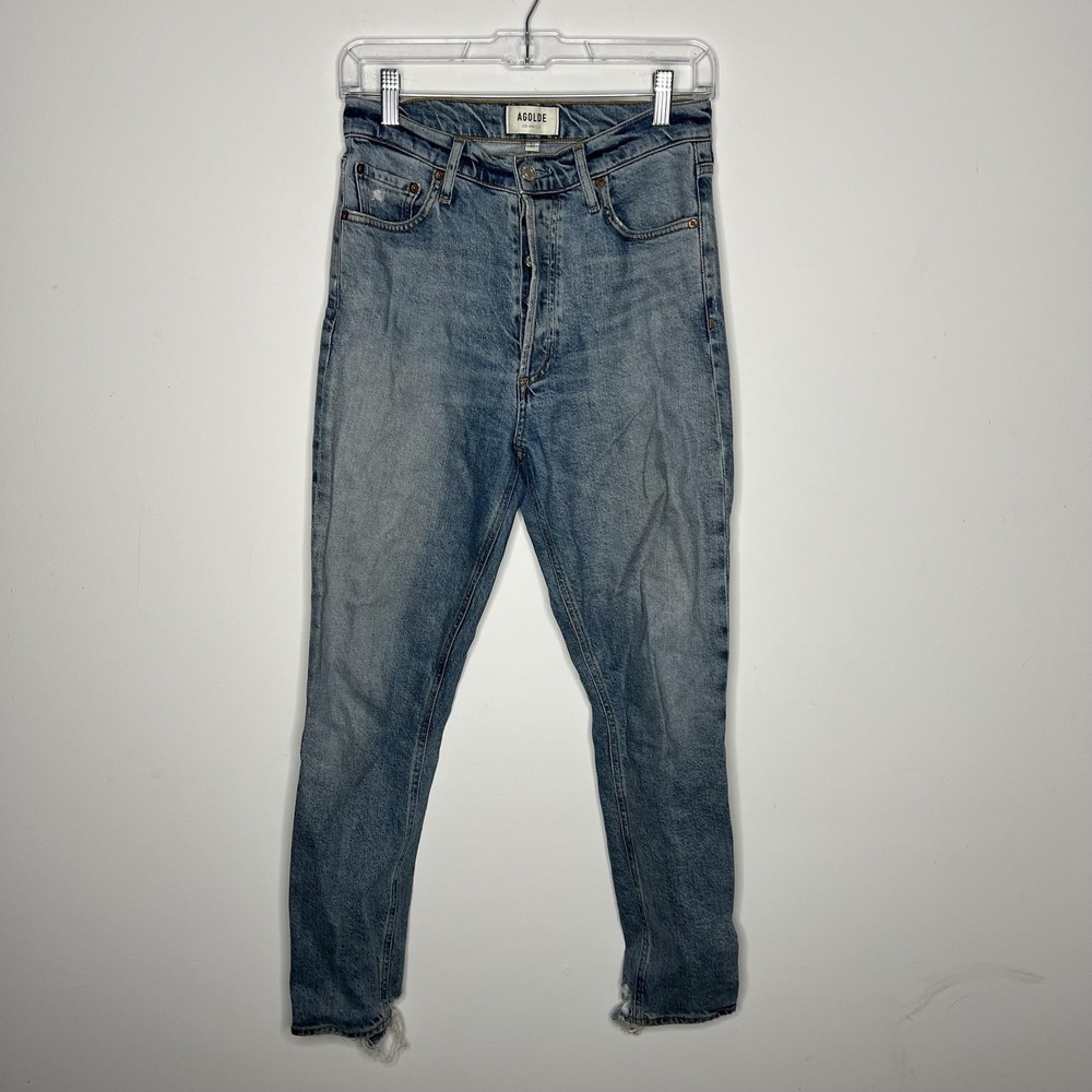 AGOLDE Jeans Womens 27 Blue High Rise Skinny Button Fly Raw Frayed Hem Ankle